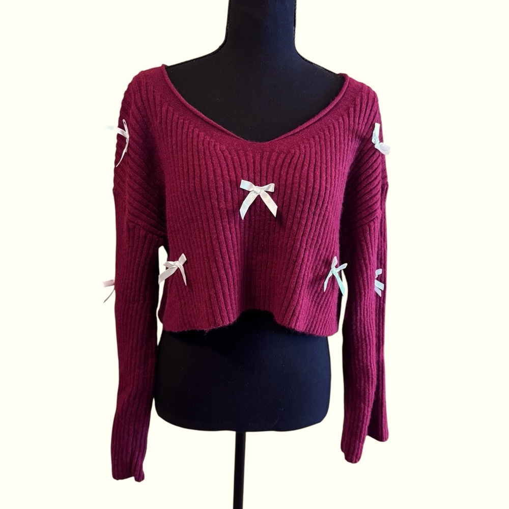 SHEIN women’s maroon cropped ribbed sweater with white ribbon bows size M